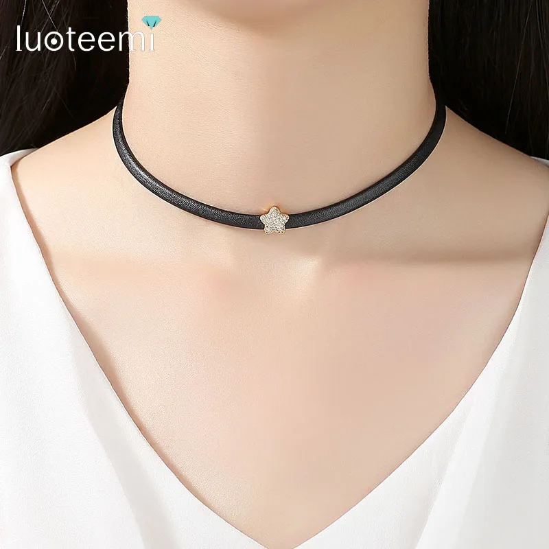 LUOTEEMI New Fashion Handmade Black Leather With Cubic Zirconia Star Beads Charm Choker Necklace for Women Girls Jewelry Gift