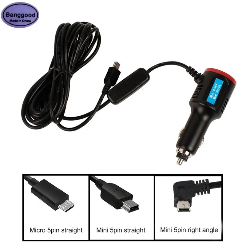 

DC 8V-36V To 5V 3A Car Cigarette Lighter Charger Mini / Micro 5pin Plug Power Adapter w/ USB Port 3.5m Cable with On/Off Switch