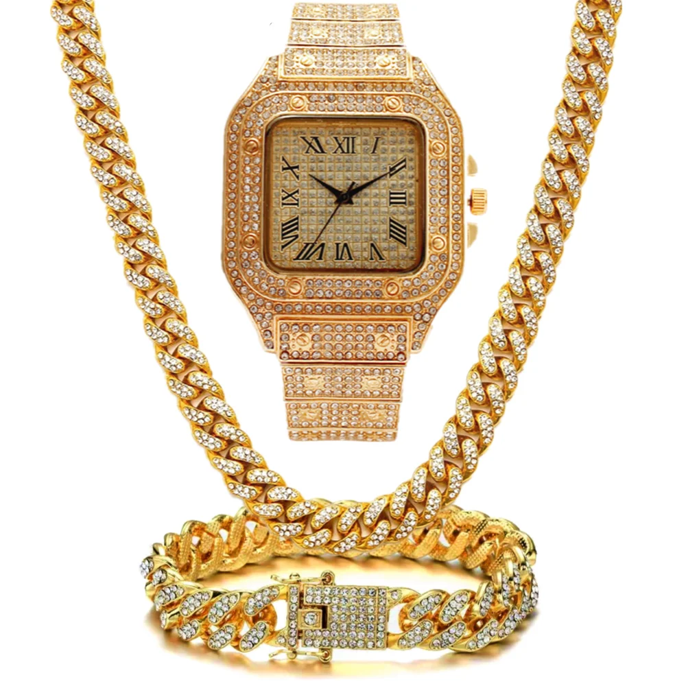 

Luxury Iced Out Watch for Men Women Hip Hop Miami Bling CZ Cuban Chain Big Gold Chain Necklace Paved Rhinestones Gold Watch Men