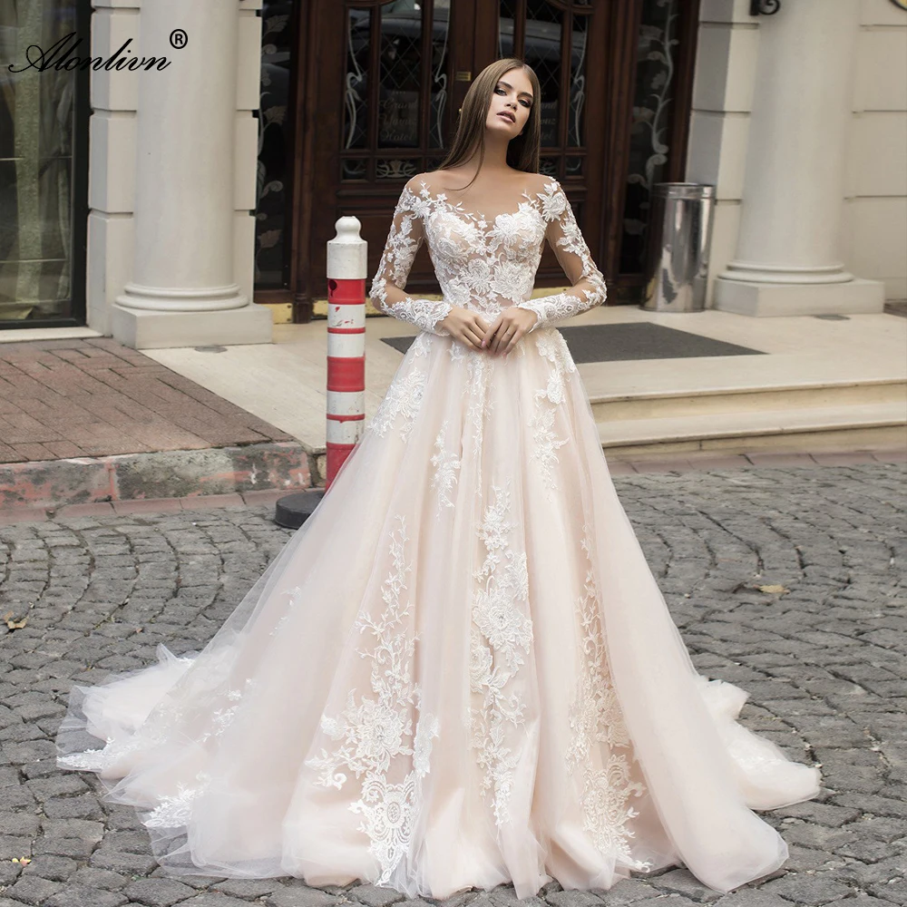 

Alonlivn Luxury Appliques Lace Wedding Dress With Long Sleeves A-Line O-Neck Illusion Back Bride Gowns Customer Order