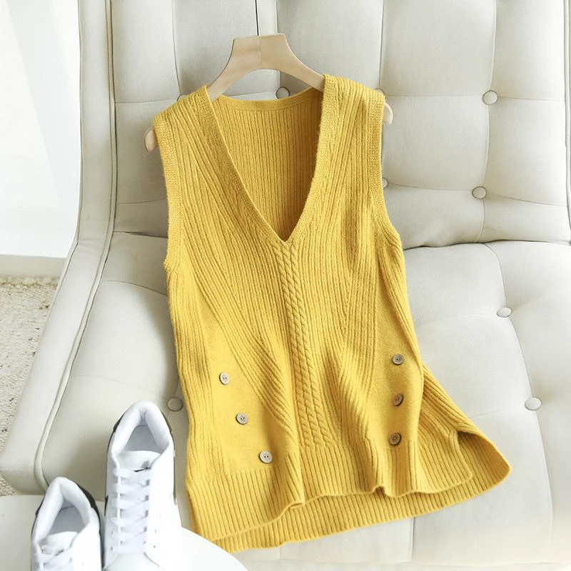 Solid Color V-neck Ribbed Knitted Sweater Vest Female Button Decoration Loose Sleeveless Pullover Sweater Vest Women Spring 2020