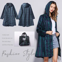 Womens Fastion Green Plaid Long Raincoat Waterproof Rain Jacket Coat Hiking Windbreaker