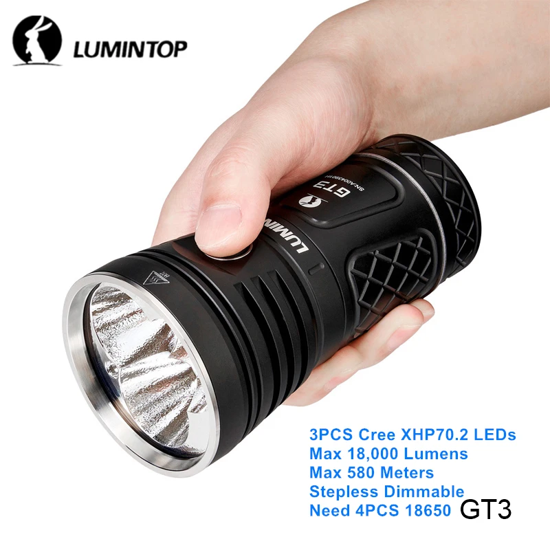 lumintop gt3 xhp702 led poderoso acampamento 18650 tocha 18000 lumens 580 metros de longo alcance a prova dstepagua stepless dimmable lanterna 01