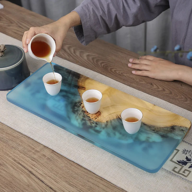 

Epoxy Resin Tea Cup Tray Japanese Style Wooden Wet Dry Bubble Table Tray Household Office Decoration Table KungFu Tea Set Holder