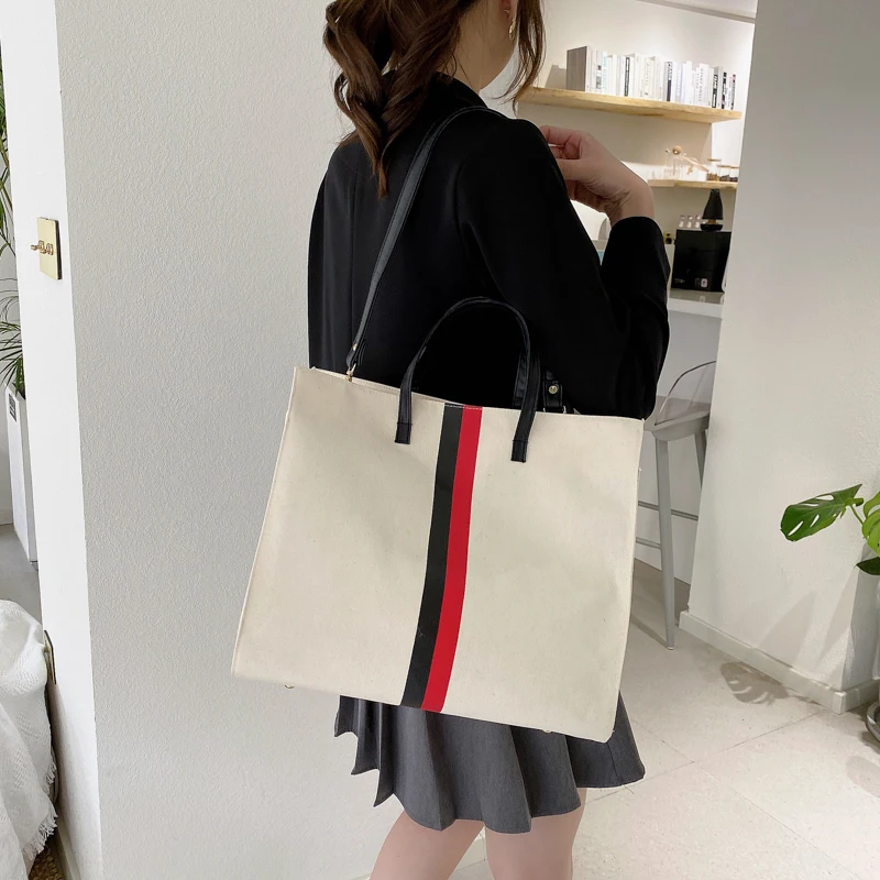 2021 New Fashionable Panelled Stripe Canvas Handbag and Shoulder Bag Large Capacity Women\'s Casual Tote Luxury Crossbody Bags