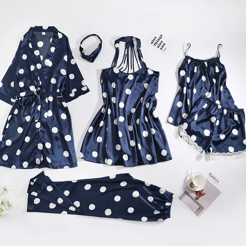 

Sexy Nightwear Set Women 6PCs Pyjama Pajamas polka dot Print Sleepwear Sleepwear Home Suit Negligee Homewear