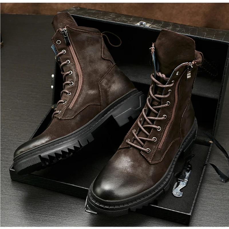 Nice Men\'s Retro Genuine Leather Motorcycle Mid-calf Boots Cool Man Work Safety Fashion Winter Shoes US Size 10