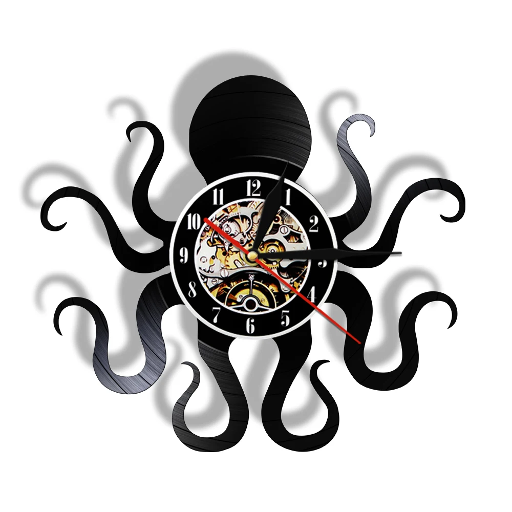 Retro Octopus Mollusk Silent Quartz Vinyl Record Wall Clock With LED Backlight Kraken Octopus Ocean Animal Night Light Watch