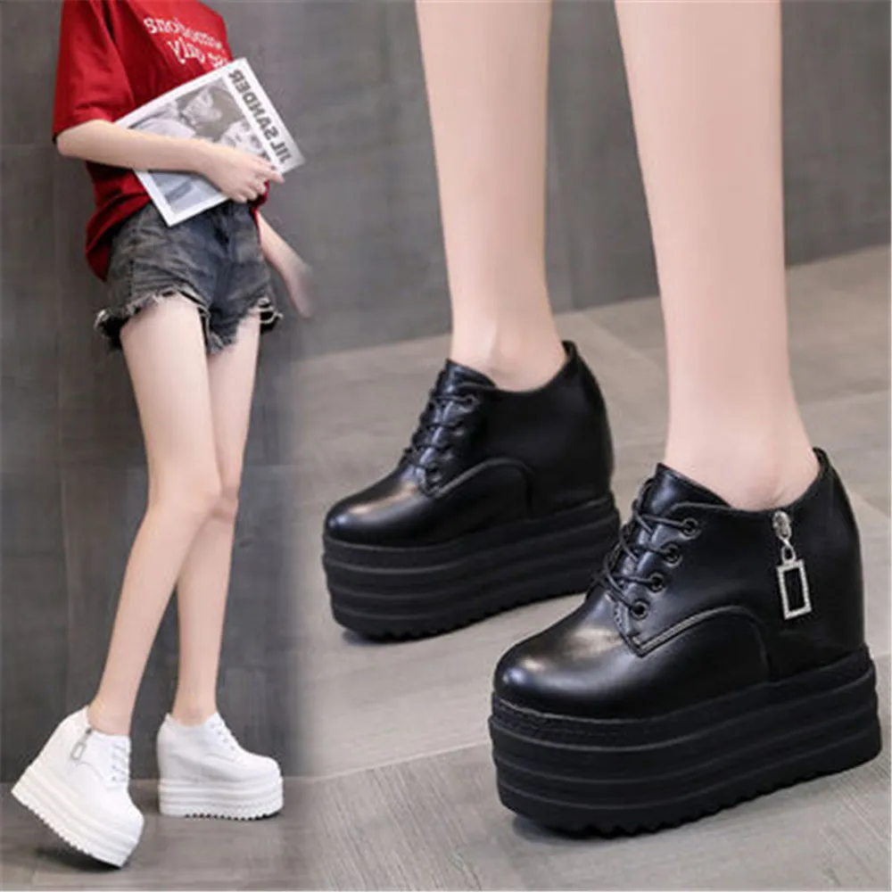 12 CM Woman Shoes Casual Elevator Wedge Platform Sneakers Female High Tops Hidden Heels Trainers Zapatillas Mujer EU 34-39 Black