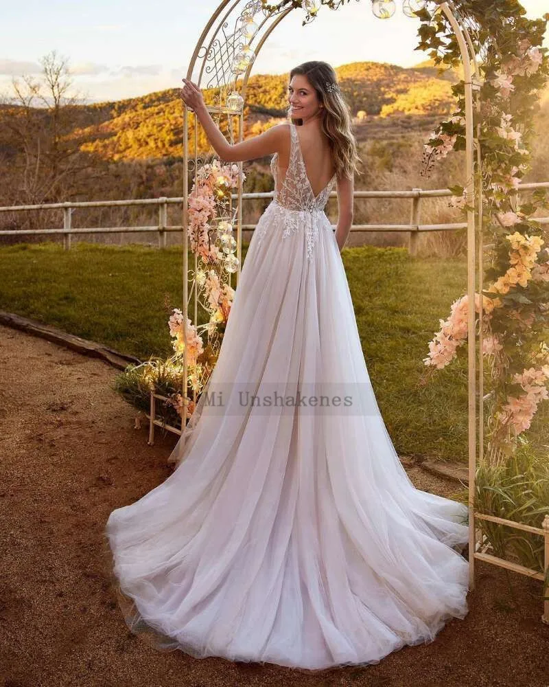 Champagne fada boho vestidos de casamento 2022 robe de mariage vestido de noiva gótico laço sem costas vestidos de casamento vintage varredura trem