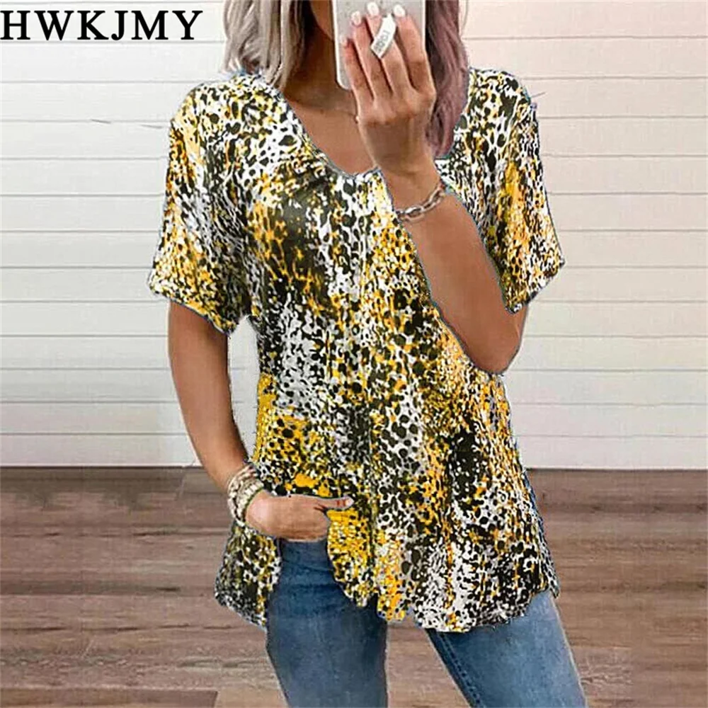 Summer Women\'s Clothing V-neck  Short Sleeve Tops Printed Tees Casual Loose T-shirt Ladies Zipper Tee XS -  8XL