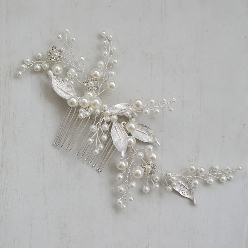 

SLBRIDAL Handmade Ins Alloy Leaf Crystal Rhinestone Pearls Bridal Hair Comb Wedding Headdress Hair Accessories Women Jewelry