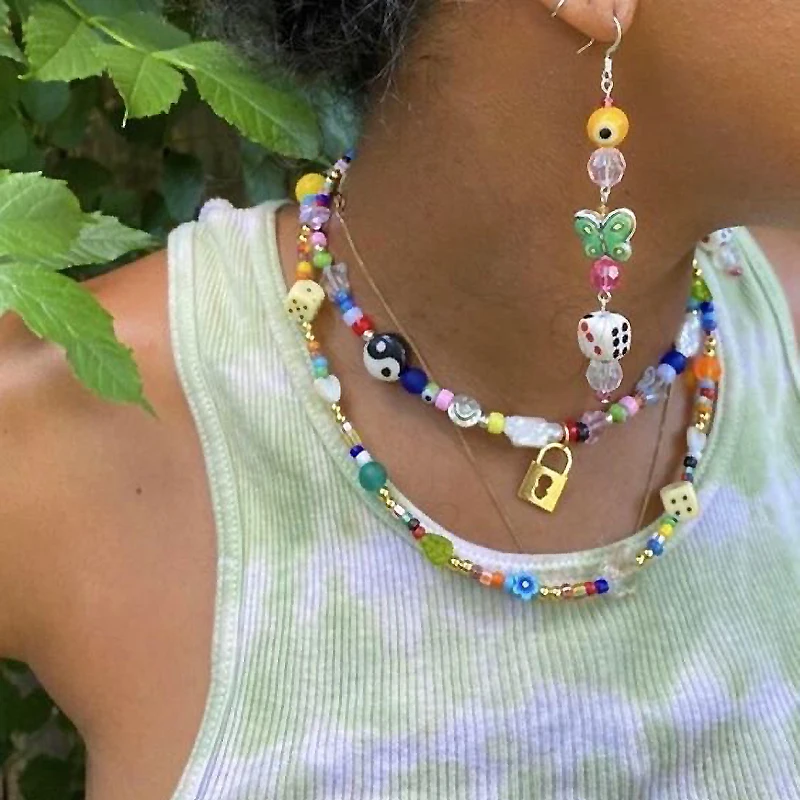 Collar de cuentas de colores caramelo para mujer, cadena de perlas de nueva tendencia, regalo para mujer, colgante de fruta y Flor de Tai Chi, joyería creativa para fiesta 2021