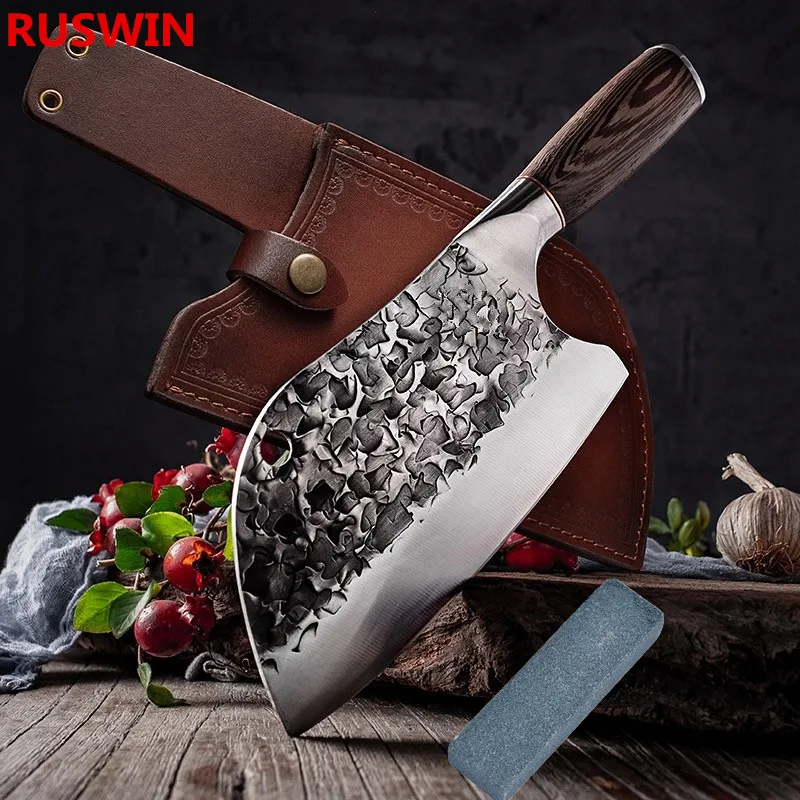 Forged Butcher Knife Traditional Hammer Stainless Steel Knife Chef's Chopper Cook Handmade Kitchen Knives Sheath Sharpener Stone