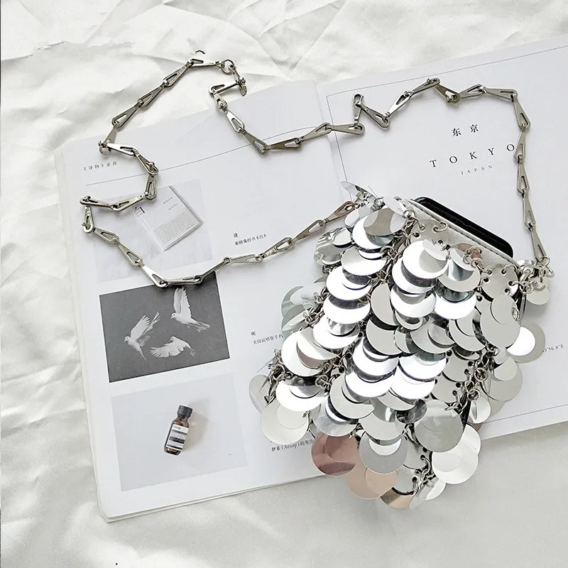 Fashion Luxury Designer Women Bags Metal Sequins Chain Woven Bag Evening Bags Clutch Female Travel Holiday Shoulder Bag Handbag
