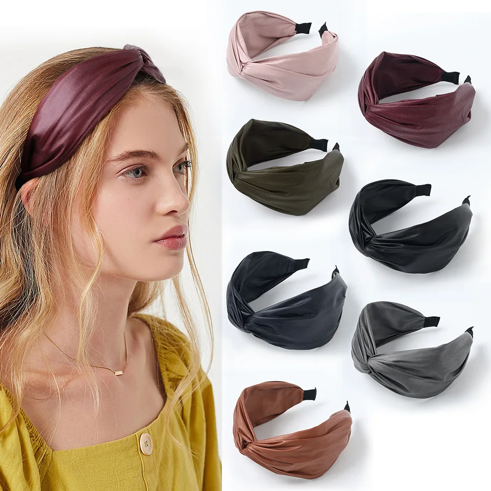New Fashion European and American Simple ins Solid headband cross-gloss PU leather Hairpin for girl Women Hair Accessory