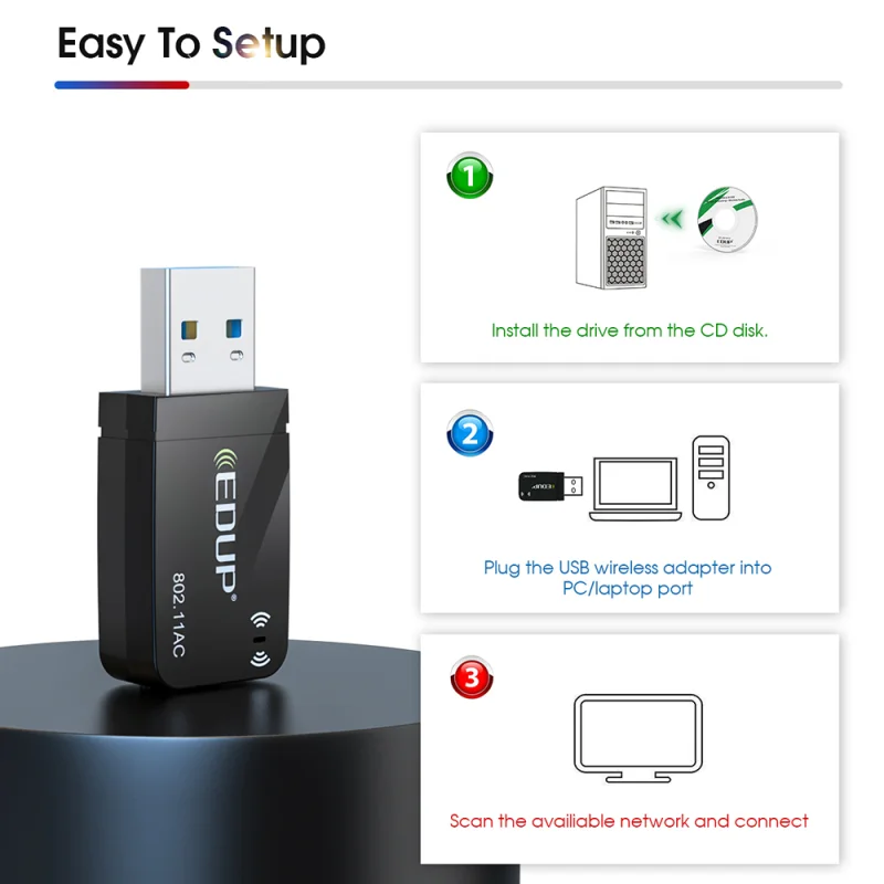 EDUP 1300Mbps USB3.0 Wifi Adapter Network Card 5.8Ghz 2.4Ghz Dual Band Wireless Win11 AC USB Adapter for PC Desktop Laptop
