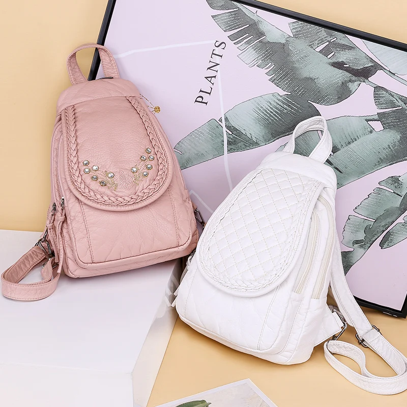 2023 Fashion Ladies Embroidery Small Backpack High Quality Soft Washed Leather Backpack Women Multifunc Bagpack Mochilas Mujer