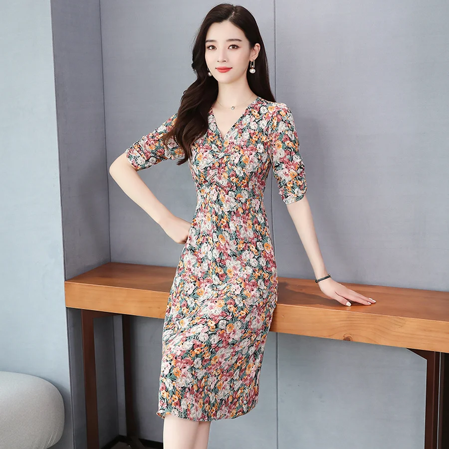 2022 Voan Cao Cấp Tranh Áo Mùa Hè Vintage Sang Trọng In Midi Sundress Nữ Thanh Lịch Bodycon Dự Tiệc Tối Vestidos