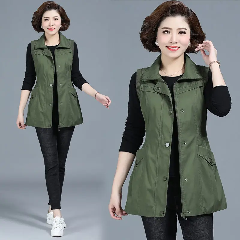 Spring Autumn Middle-aged Mother Vest Waistcoat Jacket Plus Size Slim Sleeveless Coat Solid Casual Women's Zipper Outwear Tops