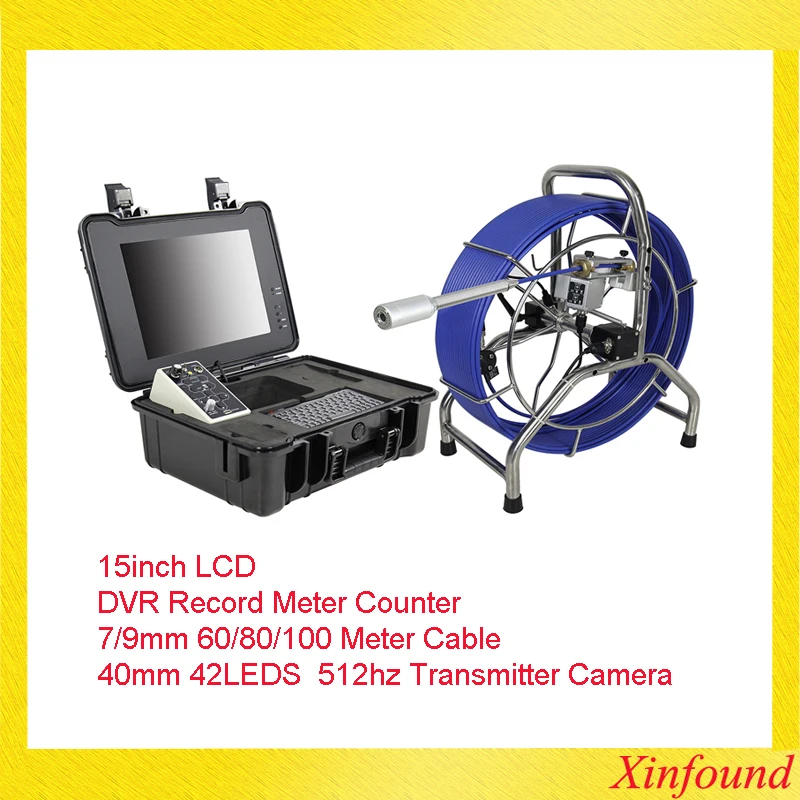 

15inch LCD 40mm Pipe Inspection Camera System Hard Cable Blue 7mm 60meter DVR Meter Counter 512hz Transmitter