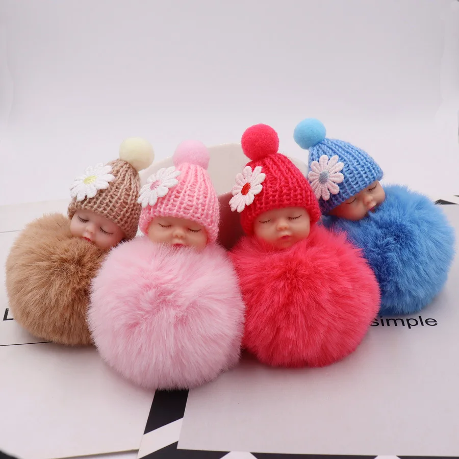 Sleeping Baby Doll Keychain Flower Pom Pom Rabbit Fur Ball Key Chain Fluffy Car Keyring Porte Clef Bag Key Ring