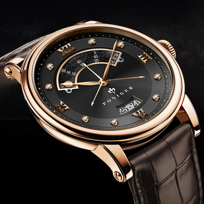 PONIGER Luxury Brand Men Watch MIYOTA Movement Business Male Wrist Watch Leather Strap Sapphire Glass Waterproof Watch