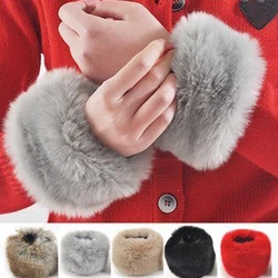 1 pair Women Fashion Winter Warm Faux Fur Elastic Wrist Slap On Cuffs Ladies Solid Color Arm Warmer Plush Wrist Protector Winter