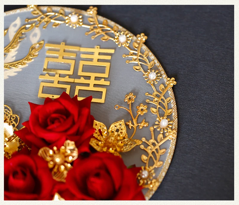 Niushuya leque chinês artesanal requintado, leque de casamento 3d com rosas vermelhas, leque de mão dupla face, dourado, phoenix, fantasia, acessórios de fotografia