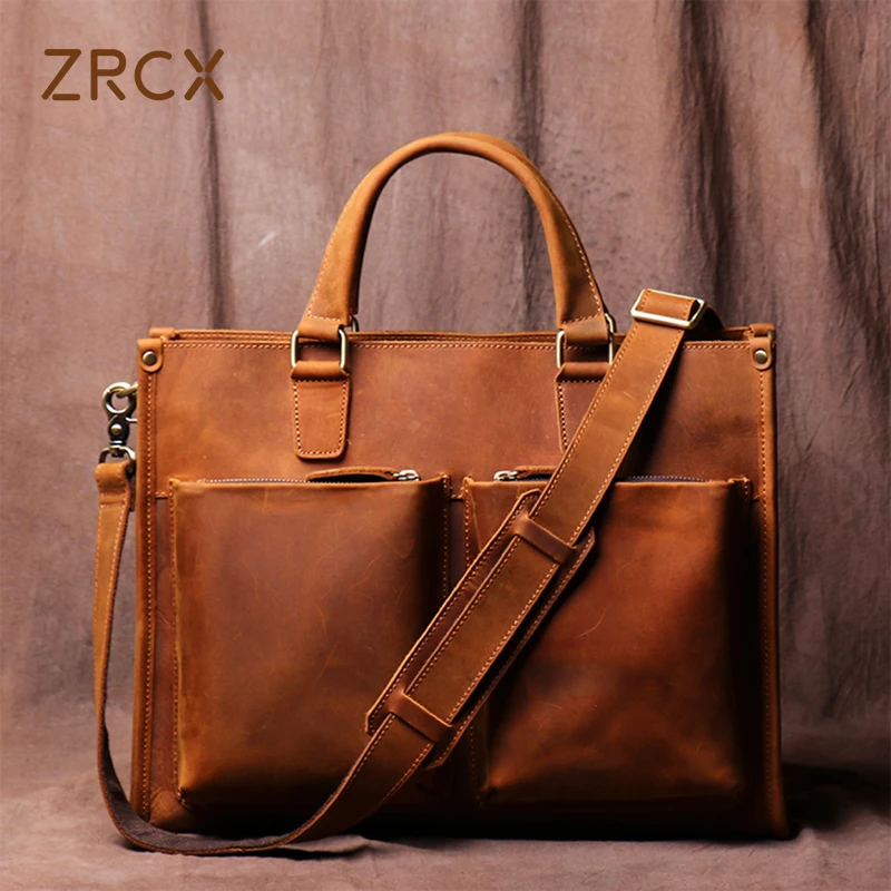 Zrcx Vintage Man Handtas Aktetas Mannen Schouder Gek Paard Echt Lederen Tassen Bruine Zakelijke Mode 16 Inch Laptoptas