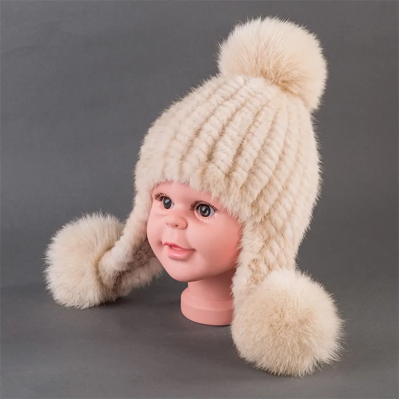 Kids Hat Winter Boy Warm Real Mink Fur Hats for Girls Natural Fox fur Pompom Cap with Earflap Children  H39