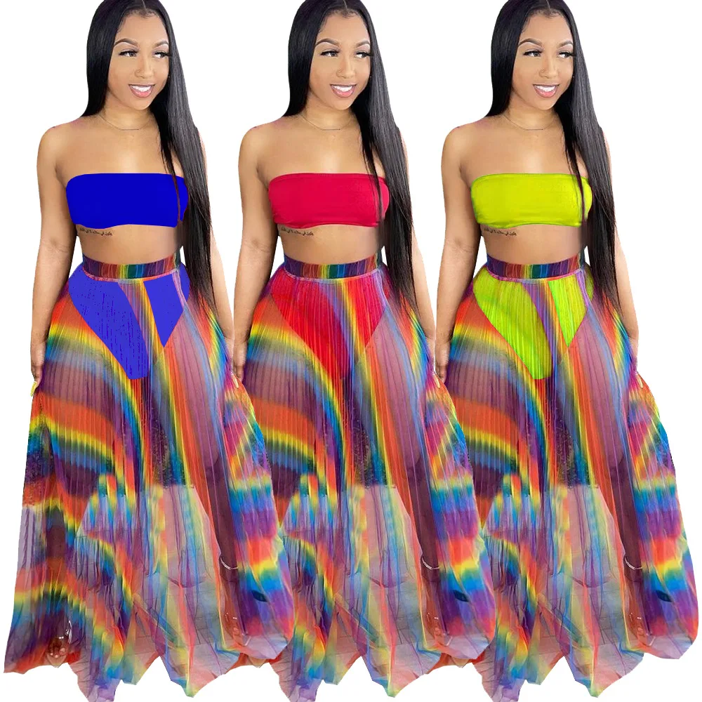 

2021 New Women's Colorful Pleated Printed Chest Wrapped Three-piece Suit Nightclub Bodycon Outfits Bulk Item In Wholesale Lots