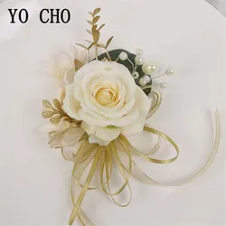YO CHO Boutonniere for Groomsmen Bride Wrist Corsage Groom Boutonniere Artificial Rose Fake Pearl Crystal Wedding Planner Flower
