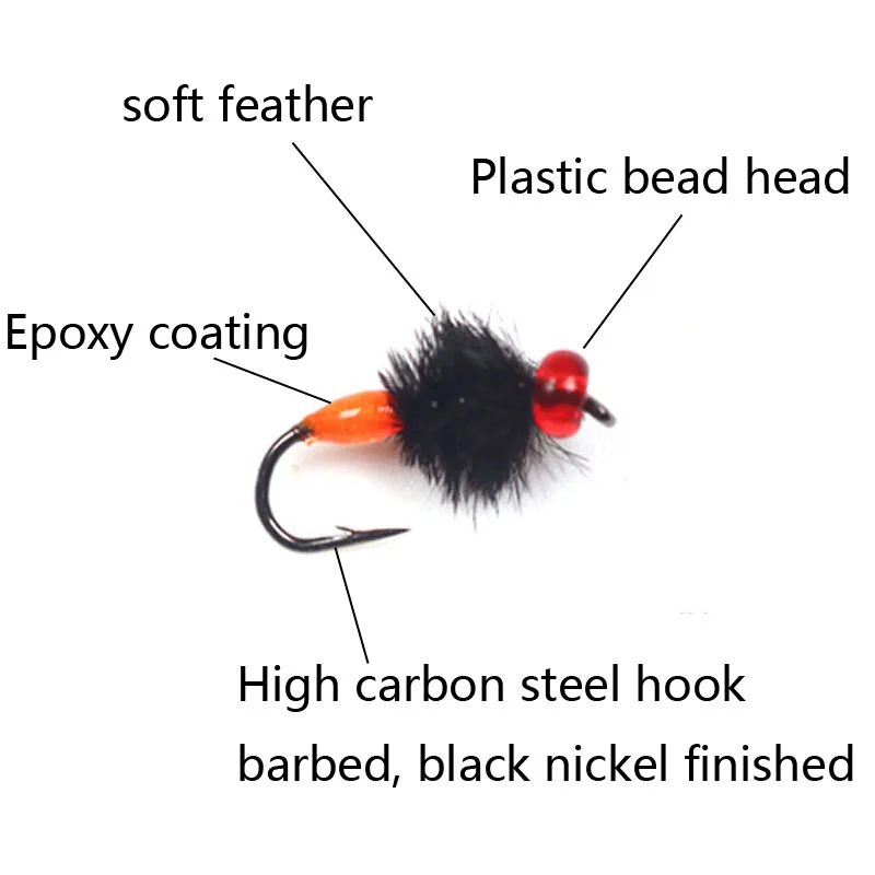 Vampfly 6PCS #14 #16 #18 Mini Ant Soft Feather  Fly Fishing Nymph Artificial Lure Bait For Trout Panfish Fishing