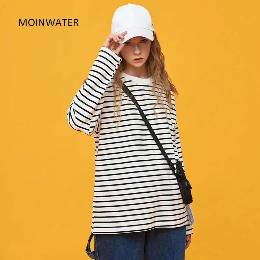 MOINWATER Women New Long Sleeve T shirts Lady White Black Striped Casual Cotton Tees Female Spring Tops MLT2108