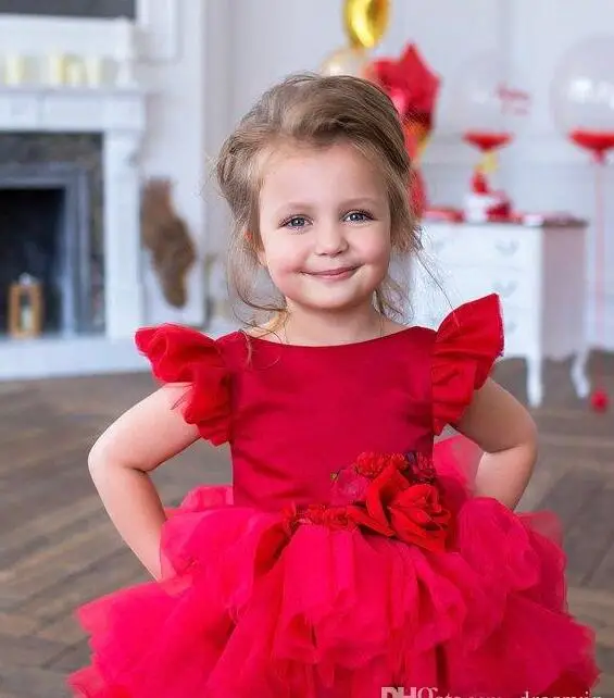 Rosso 2020 Abiti Fiore Per Le Ragazze Per La Cerimonia Nuziale Bateau Collo Appliqued Del Bambino Pageant Abiti di Tulle del Treno Lungo I Bambini Abiti di Promenade