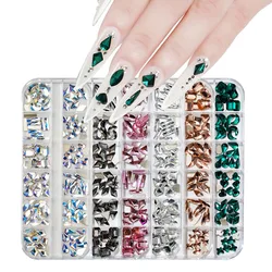 12Gird/Box Mixed Shape Nail Rhinestone 3D AB/Gold Non Hotfix Flatback Crystal Diamond Gem DIY Glitter Stone Nail Art Decoration