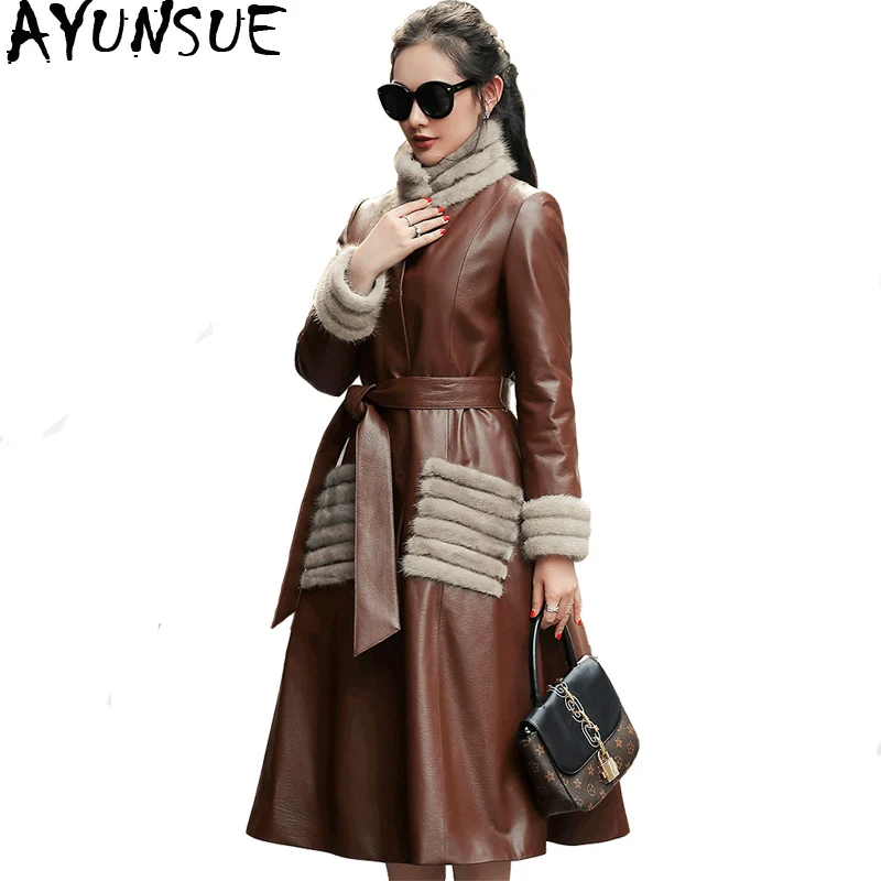 AYUNSUE Real Leather Jacket Winter Jacket Women Mink Fur Collar Down Jacket Goatskin Coat Female Long Windbreaker XS19D08-28