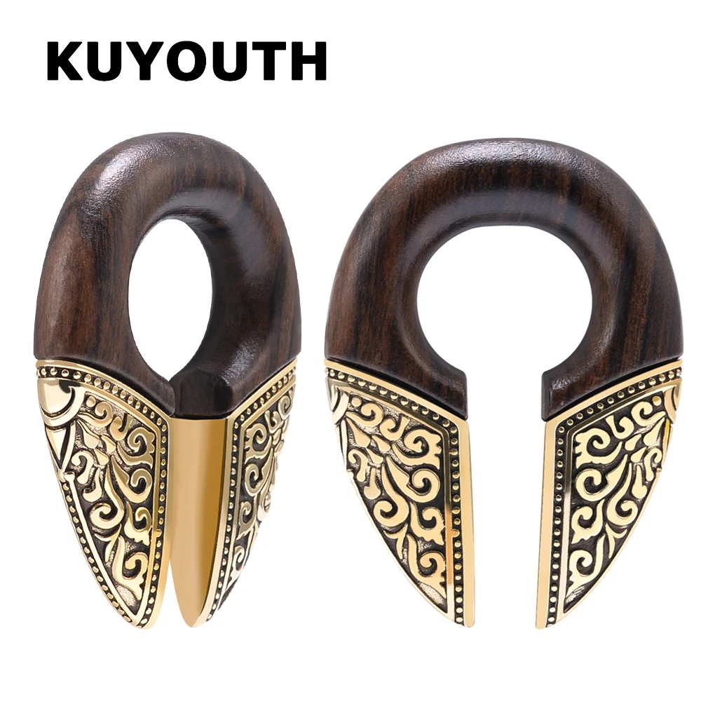 KUYOUTH 2 SZT. Modne drewniane rozciągacze do uszu z kwiatowym wzorem, biżuteria do ciała, kolczyki, rozciągacze do piercingu, gauge'y