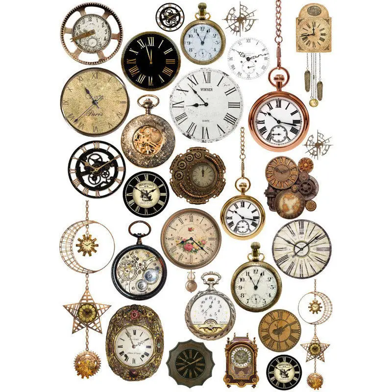 2 PCS Retro Pocket Watch Clock DIY Uncut Autocollant Stationery Scrapbooking Planner Sticker Cute Travel Book Journal Supplies