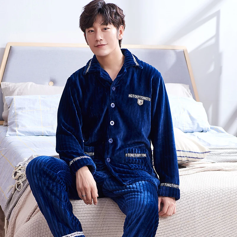 Winter Men Casual Pyjamas Thick Warm Flannel Long Sleeve Sleepwear Loose Pijama Male Solid Nightwear Homewear