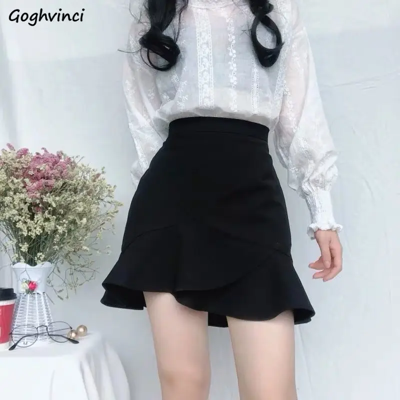 Skirts Women Summer Ruffles Korean Style Hip-skirt Slender Mini Fashion Leisure Solid Ulzzang Black Womens Faldas Chic Retro New