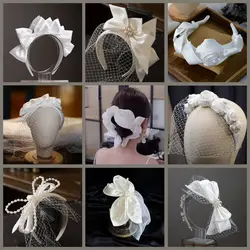 Nieuwe Witte Bridal Haarband Mesh Satijnen Strik Hoofdband Vintage Fairy Bridal Wedding Haar Accessoire