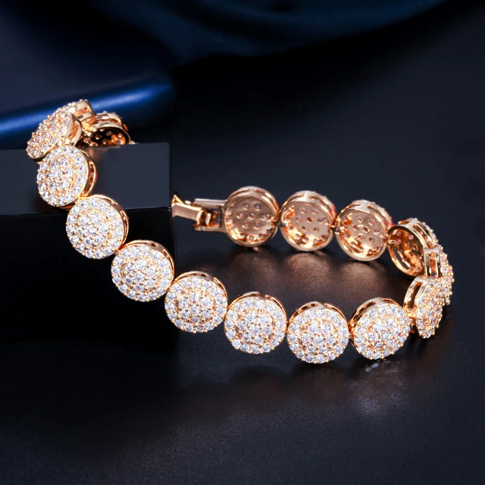 CWWZircons Shiny Micro Pave Cubic Zirconia Stone Round Wedding Party Bracelets for Women Gold Color Chain Link CZ Jewelry CB265