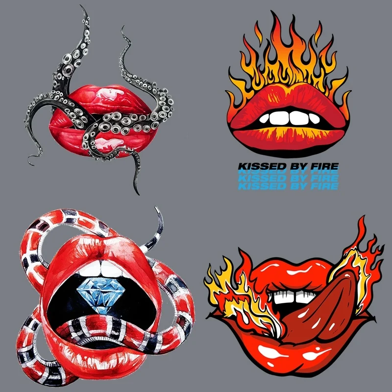 Cool hot movie monster flame red lips diamond printing heat transfer DIY iron can be customized on women's clothing T-shirts