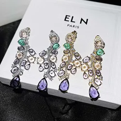 Foydjew Elegant Luxury Colorful Purple Earrings Long Style Banquet Formal Dress Temperament Drop Earring For Women Ear Jewelry