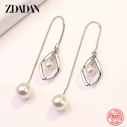 ZDADAN 925 Sterling Silver Twist Pearls Long Chain Dangle Earrings For Women Fashion Wedding Jewelry Gift