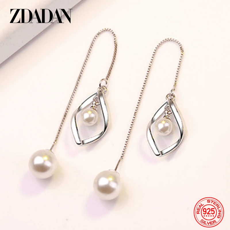 ZDADAN 925 Sterling Silver Twist Pearls Long Chain Dangle Earrings For Women Fashion Wedding Jewelry Gift