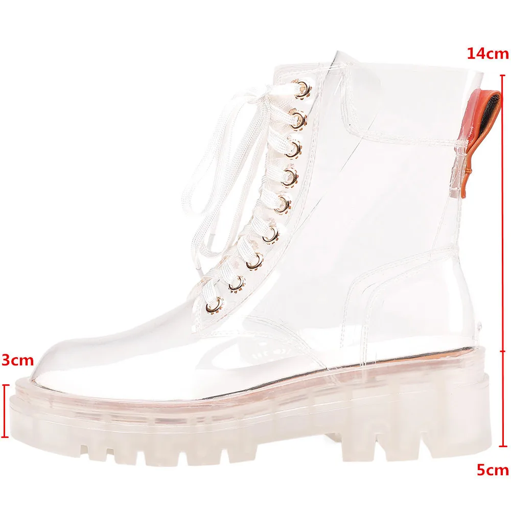 MILI-MIYA Women Rain Boots Mature Lady Lace Up Waterproof Transparent Comfort Platform Thick Soles Bottom Round Toe Casual Shoes