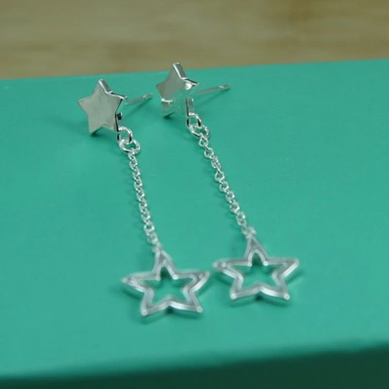 925 Sterling Silver Long Star/ Heart Stud Earrings For Woman Wedding Engagement Fashion Party Charm luxury Jewelry Best Gifts